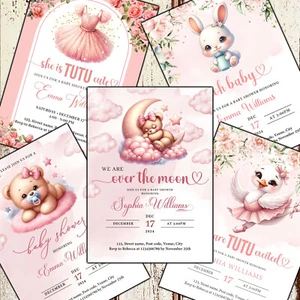10 Bedruckte Babyparty Einladungen, Baby Mädchen Einladungen, Teddybär, Rosa Einladungen - Bild 1 von 21
