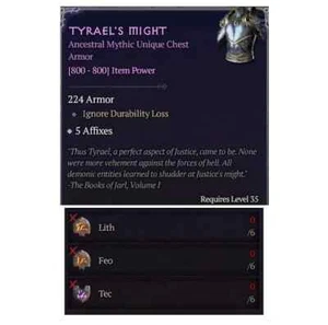 Diablo 4 Tyrael's Might Mythic unica armatura petto 6 lith Feo Tec runa artigianale - Foto 1 di 1