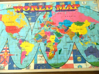 VINTAGE World Map Jigsaw Puzzle Wooden Puzzle 7900AA full color sealed New 12x18 - Image 1 of 4