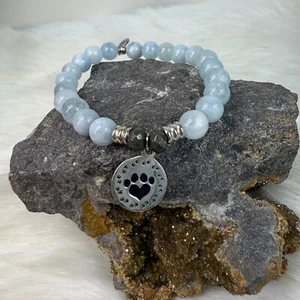 T.Jazelle Blue Aquamarine Gemstone Bracelet Paw Print Sterling Silver Charm - Picture 1 of 7