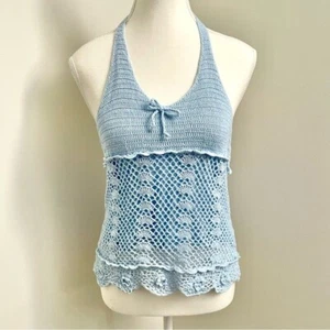 Vintage Y2K George Crochet Babydoll Halter Top Light Blue Size Large - Picture 1 of 7