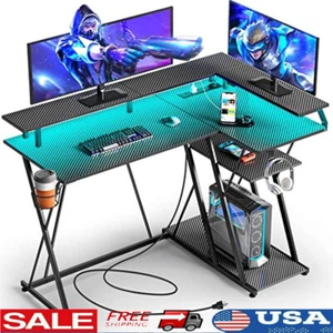 L-förmiger Gaming Schreibtisch mit LED-Leuchten Steckdosen Aufbewahrung Regal Monitor Ständer Neu - Bild 1 von 6