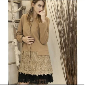 A'reve handmade flower lace trim long peacoat taupe small - Picture 1 of 3