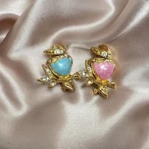Pair of Vintage Bird Rhinestone Pave and Enamel Spring Bobble Brooch Pins - Picture 1 of 4