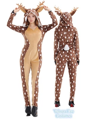 U-A3-3 Adult Reindeer Women Christmas Costume Deer Hooded Jumpsuit - Image 1 of 4