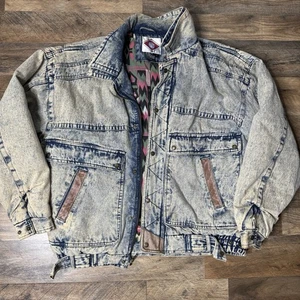 Vintage 80er Horizon Outerwear Acid Wash Denim Jeansjacke Lederakzente Gr. L - Bild 1 von 12