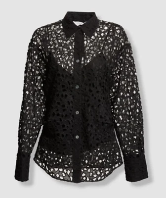 $425 Camisa Top Vince Para Mujer Negra Esculpida Encaje Cuello Abotonado Talla Mediana Foto 1 de 4