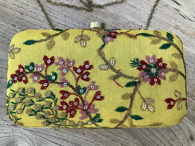 LADIES LUXURY Embroidery CLUTCH BAG PARTY WEDDING EVENING yellow - Image 1 of 4