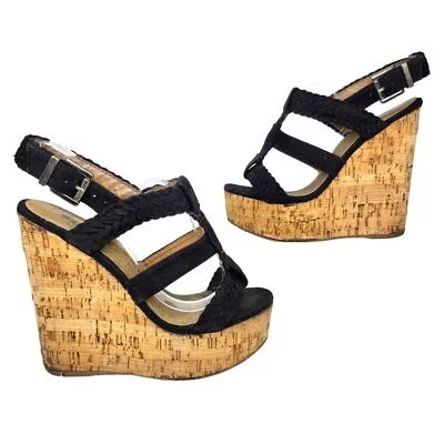 Soda Shoes Womens 7 Black Strappy Wedge Heels Peep Toe Summer Boho Bohemian Sexy - Image 1 of 4