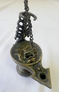RARE- Roman Bronze Oil Lamp with Scary face & Lunar Crescent - Picture 1 of 13