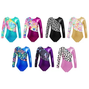 Kids Girls Round Necked Long Sleeved Gymnastics Ballet Dance Leotard Jumpsuit - Picture 1 of 55
