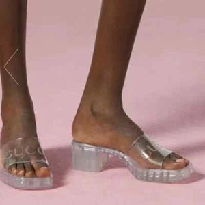 NEW GUCCI Clear Block Heel Platform Logo Slide Sandals Transparent Rubber 37 7 - Picture 1 of 14