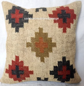 100% Natural Jute Kilim Cushion Cover Handmade 18x18" Vintage Pillow Case Throw - Picture 1 of 5