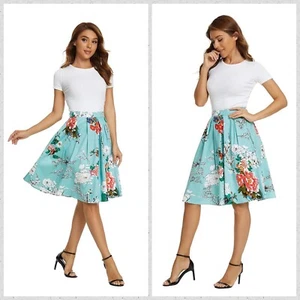 Dresstore Plissee Midi A-Linie Rock Taschen Floral Blau Gr. 3XL Floral Neu mit Etikett - Bild 1 von 9