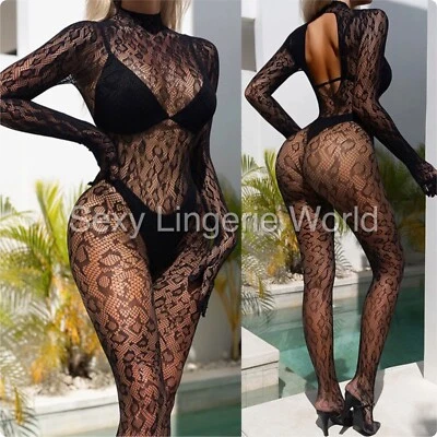 Leopard Full Body Suit Stocking Sexy Lingerie Overall Closed Crotch Lace Catsuit - Image 1 of 4