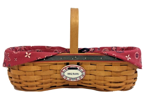 LONGABERGER 2000 BBQ Buddy Basket w Backyard Bandana Print Liner & Plastic Cover