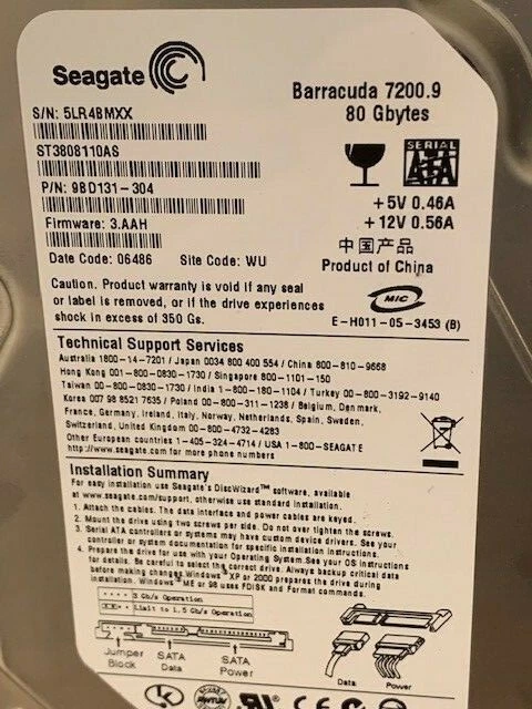 SEAGATE HDD ST3808110AS 80Gb 7200.9 3.5" SATA 8MB Cache 7200RPM 512n Block Size  - Image 1 of 1