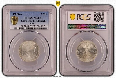 Moneda Nazi - PCGS MS62 1939-A 2 Mk Reichsmark Hindenburg J-366 Plata Alemania 587 Foto 1 de 3
