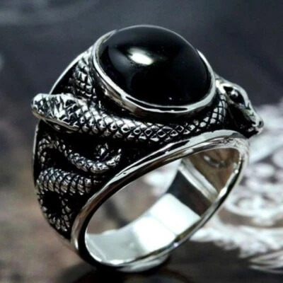 Men's Retro Wedding Ring Stainless Steel Vintage Snake Black Stone Ring Biker - Image 1 of 3