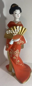 HAKATA JAPANESE CLAY GEISHA GIRL DOLL, FIGURINE, HANDCRAFTED , RED W/ FAN VGC - Picture 1 of 12