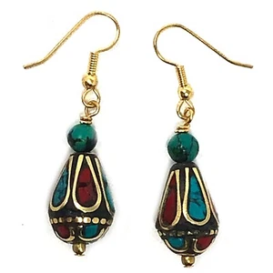 Turquoise Coral Earrings Hypoallergenic Gold Plated Surgical Steel Nepal ERB01 - Picture 1 of 3