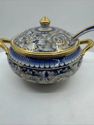 Sopa grande asiática vintage con cucharón patrón floral superposición dorada sin daños Foto 1 de 4