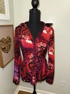 Blusa Cache Transparente Granate Cobre Estampado Abstracto Manga Larga Abotonada Pequeña Y2K - Imagen 1 de 8