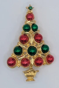 Lianna LIA Christmas Tree Pin Gold Tone Red Green Baubles in Pot Vintage Signed - Picture 1 of 3