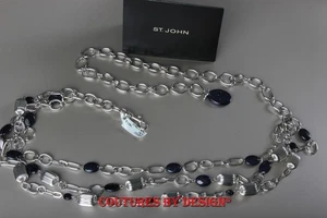 St John Knits Triple Chain Link Belt Navy dischi/botti tono argento nuovo con etichette $324 - Foto 1 di 2