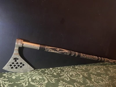 Antique 1890’s Polish Sheppard Axe Hand Engraved Painted Wood Ceremonial 25in - Image 1 of 4