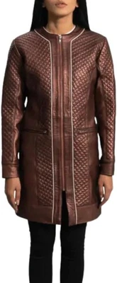 Quilted Long Leather Coat, Metallic Trim Detail, Mandarin Collar, Winter Fashion - Image 1 of 4
