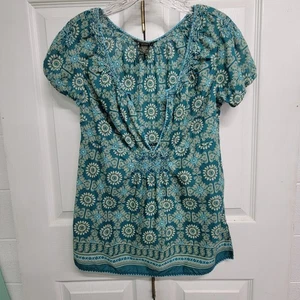 Eddie Bauer Womens Small Cotton Peasant Top Cap Sleeve Blue-green prairie floral - Picture 1 of 11
