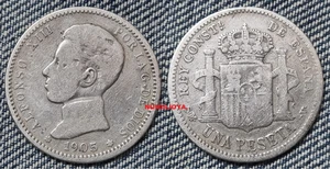 1 peseta Plata de Alfonso XIII año 1905*19--. Peso actual 4,78 gr. FECHA ESCASA. - Foto 1 di 2
