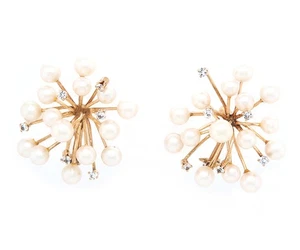 Pearl and 0.30ctw Diamond Cluster Spike Clip On Earrings in 14K - Picture 1 of 6