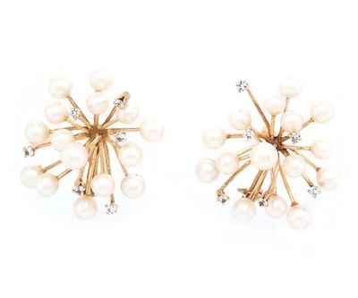 Pearl and 0.30ctw Diamond Cluster Spike Clip On Earrings in 14K - Image 1 of 4