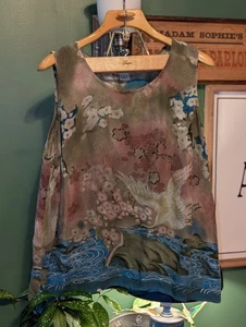 Citron Santa Monica Silk Asian Floral Fans Tank Women’s 2X Sleeveless Bird Crane - Picture 1 of 16
