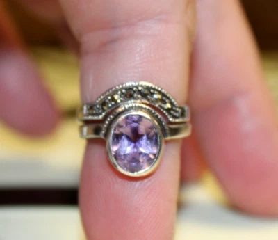 Sterling Silver Amethyst & Marcasite (2) Piece Ring Set Size 6 - Image 1 of 4