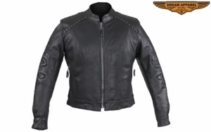 Women's Motorcycle Leather Jacket w/ Tribal Embroidery, Studs & Zippered Closure - Picture 1 of 8