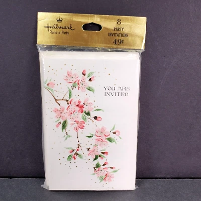 Vintage 1970s Invitations Pink Flowers Hallmark Plans A Party 8 Ct NOS SEALED - Image 1 of 4