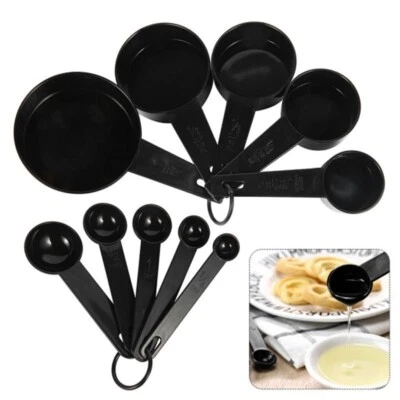 10pcs Measuring Cups and Spoons Set with Elegant Black Handles Baking Kitchen - Image 1 of 4