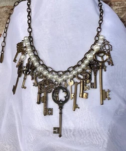 Plunder Design Faux Pearl Victorian Chatelaine Dangles Antiqued Brass Necklace - Picture 1 of 8