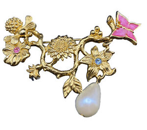 Avon Spring Bee Butterfly & Floral Gold Tone Brooch W/Drop Pearl Botanical