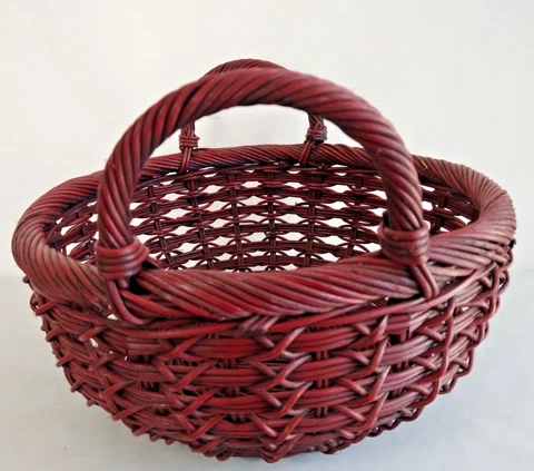 Rare Vtg Wicker Basket Red Round Woven Fruit Harvesting Laundry Storage Handles Cover