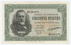 Spain España 50 Pesetas 9-1-1940 Pick 117.a XF- Circulated Banknote Serie D - Picture 1 of 2