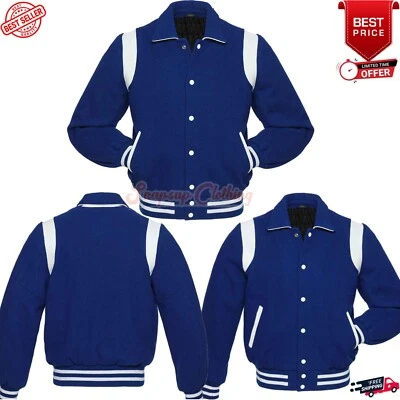 Men's Classic Blue Wool & Artificial Leather Stripes Letterman Varsity Jacket - Image 1 of 4