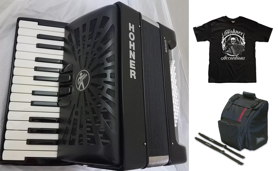 HOHNER Bravo II 48 Bass Gloss Black Piano Accordion With Gig Bag and Straps