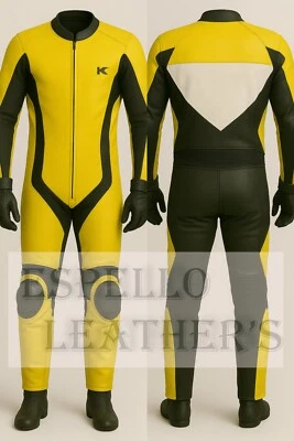 Custom Motorcycle Suit Yellow Black – One-Piece Leather Race Suit – Men’s - Image 1 of 4