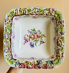 Capodimonte Italian Porcelain Floral Raised Relief Cherubs Square Dish - Picture 1 of 12