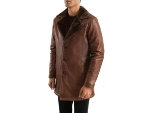 Men's Brown Sheepskin Faux Fur Lined Long Coat Real Sheep Leather Winter Trench - Picture 1 of 6