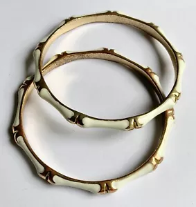 FASHION BAMBOO GOLD TONE ENAMEL WHITE 2 1/2" WIDE BRACELET x2 - Picture 1 of 4